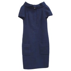 Chanel Navy Blue High Collar Textured Wool Dress
