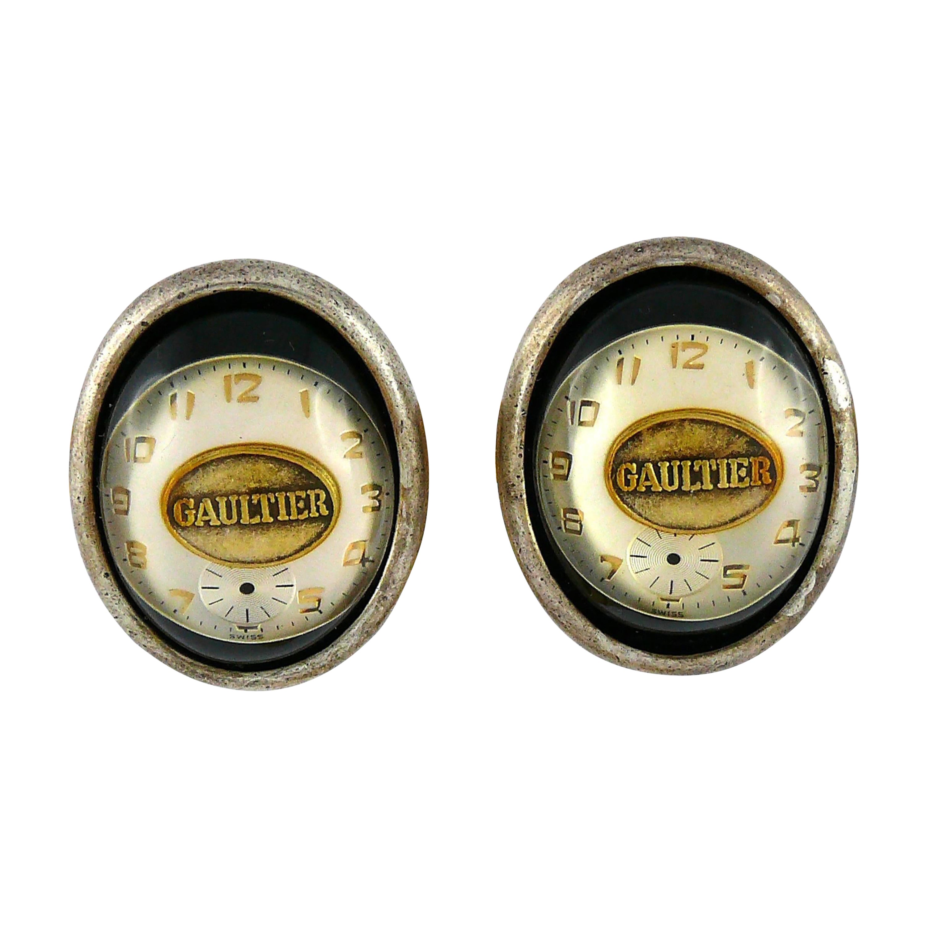 JEAN PAUL GAULTIER Vintage Steampunk Clock Dial Clip-On Earrings For Sale
