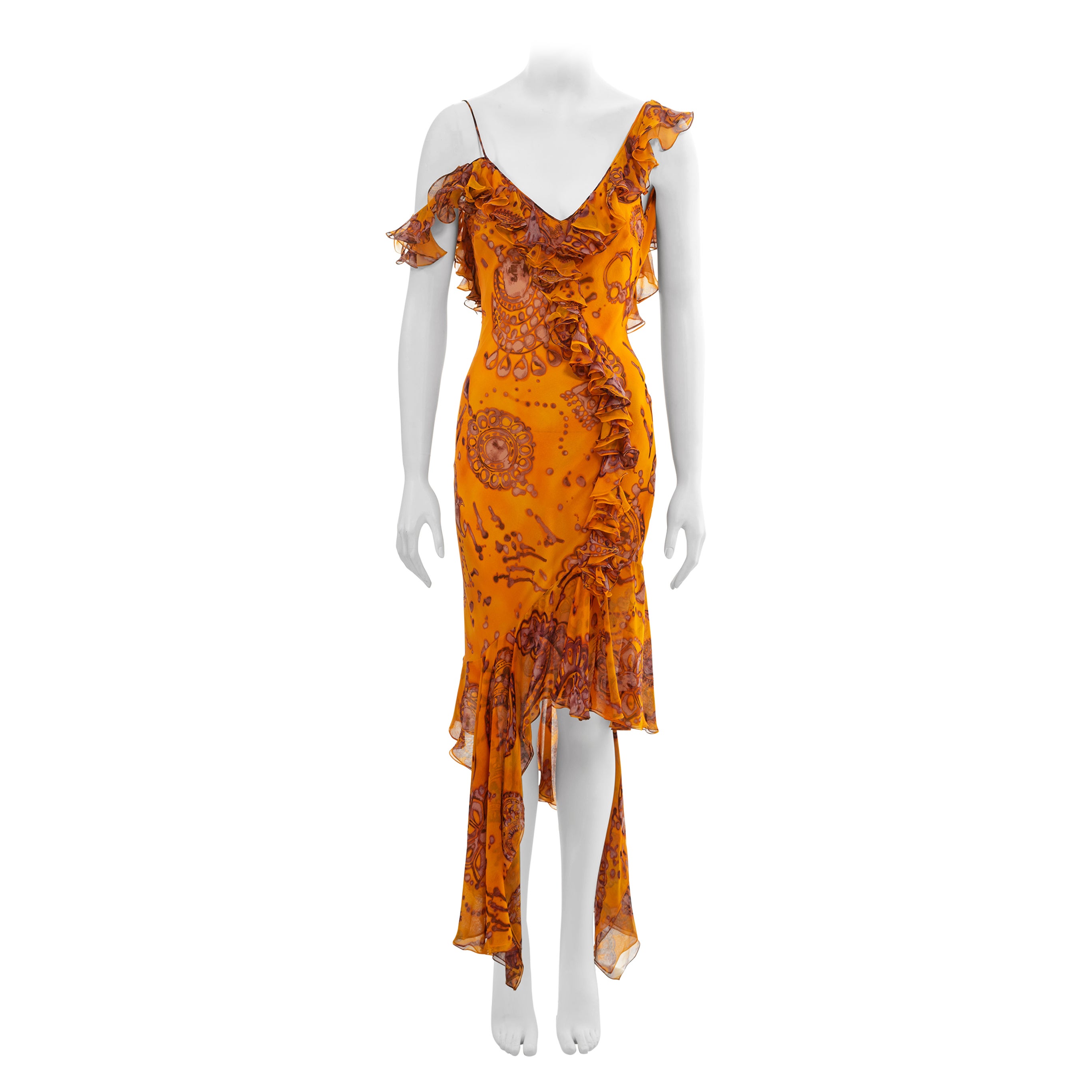John Galliano saffron batik dyed paisley printed silk evening dress, ss 2003 For Sale