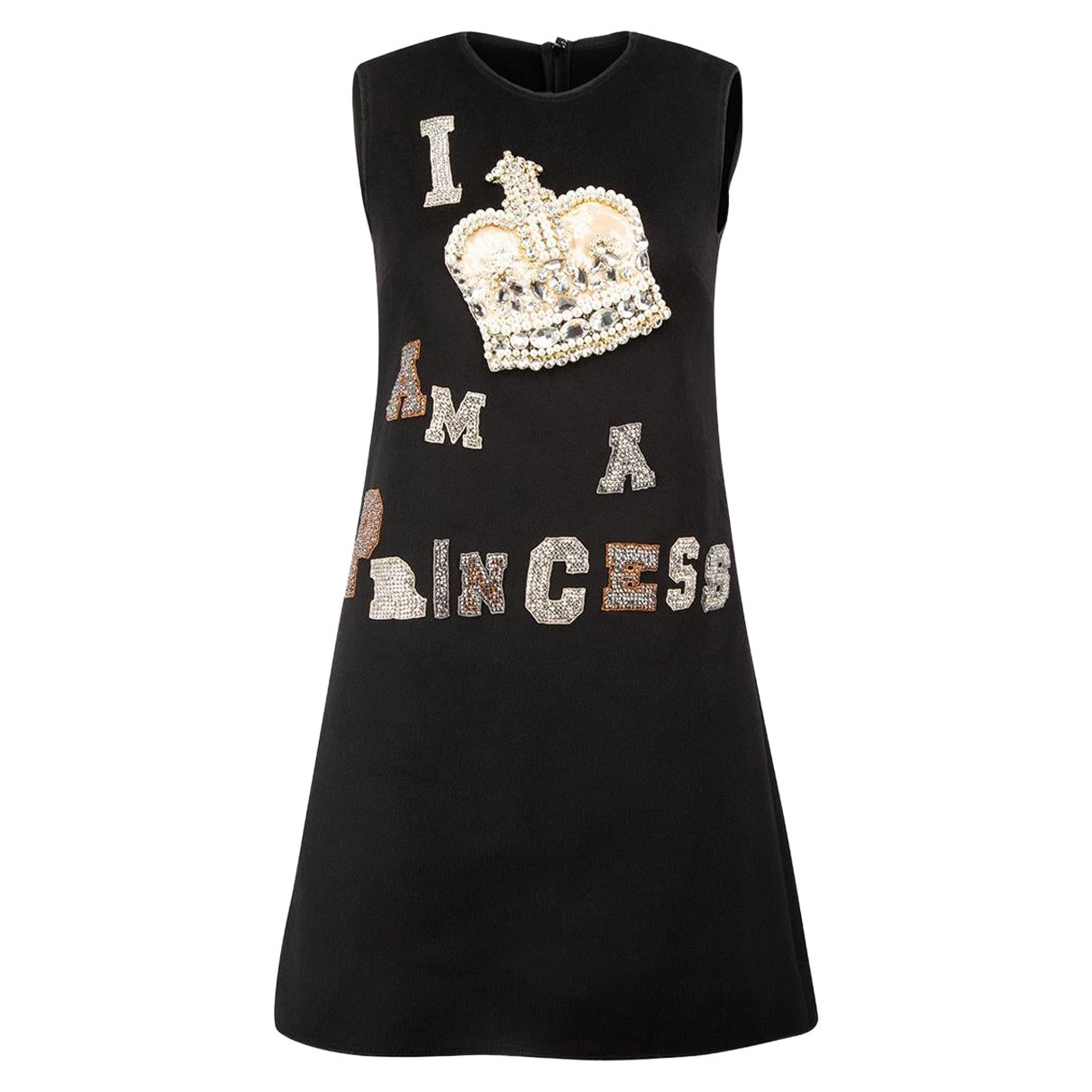 Dolce & Gabbana Black Wool 'I Am A Princess' Shift Mini Dress Size XXS For Sale