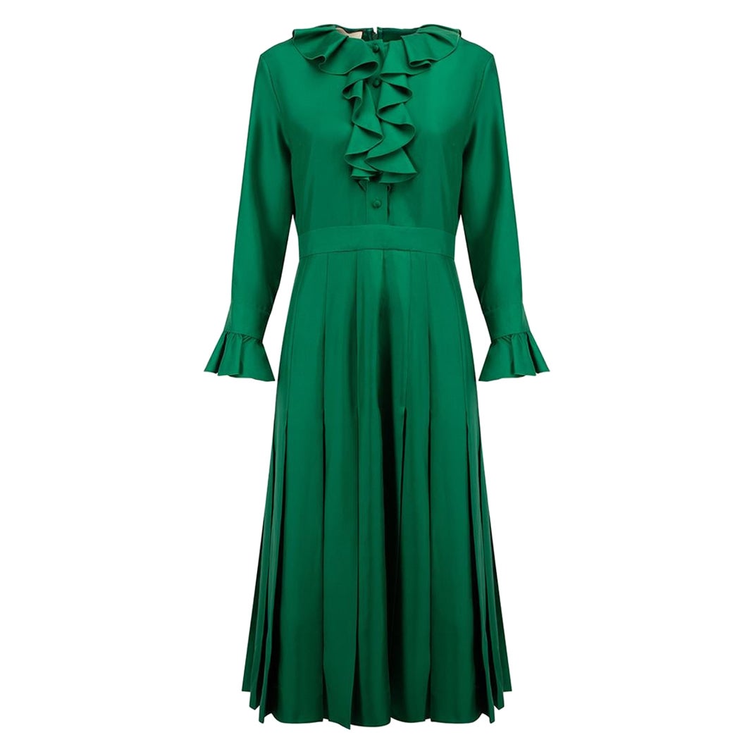 Green Ruffle Detail Pleated Midi Dress Size M For Sale at 1stDibs