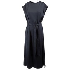 Loro Piana Navy Silk Tie Waist Sleeveless Midi Dress Size M