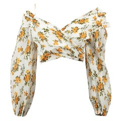 Used Zimmermann White Floral Print Asymmetric Pleated Crop Top Size L