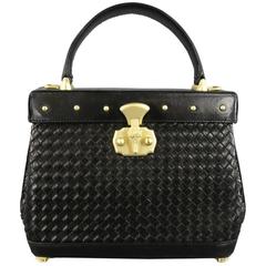 Vintage KIESELSTEIN-CORD Black Woven Leather Light Gold Crocodile Clasp Handbag