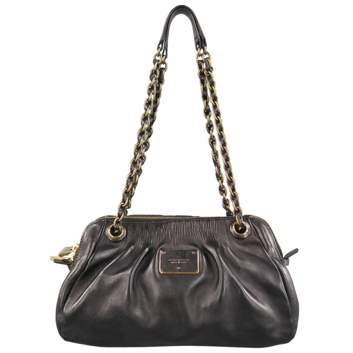 MARC JACOBS Black Gathered Leather Gold Chain Handbag