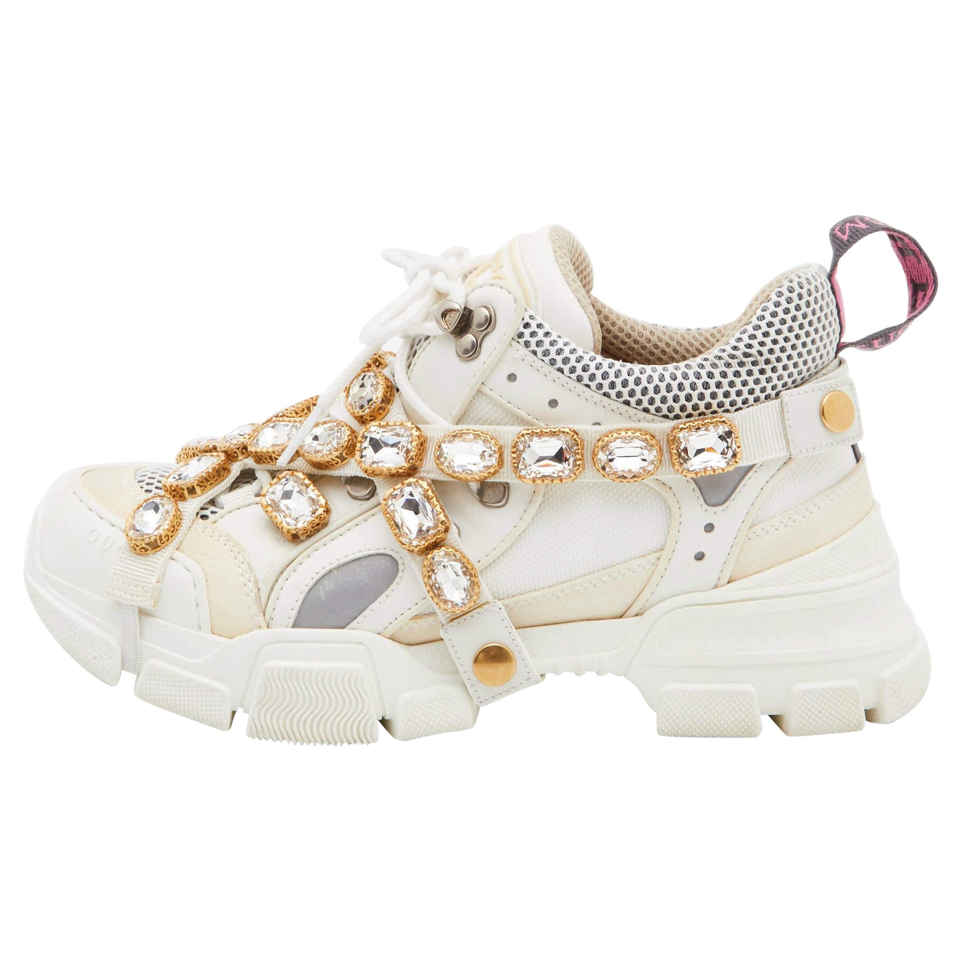 Gucci White Leather, Suede and Mesh Flashtrek Removable Crystals Low
