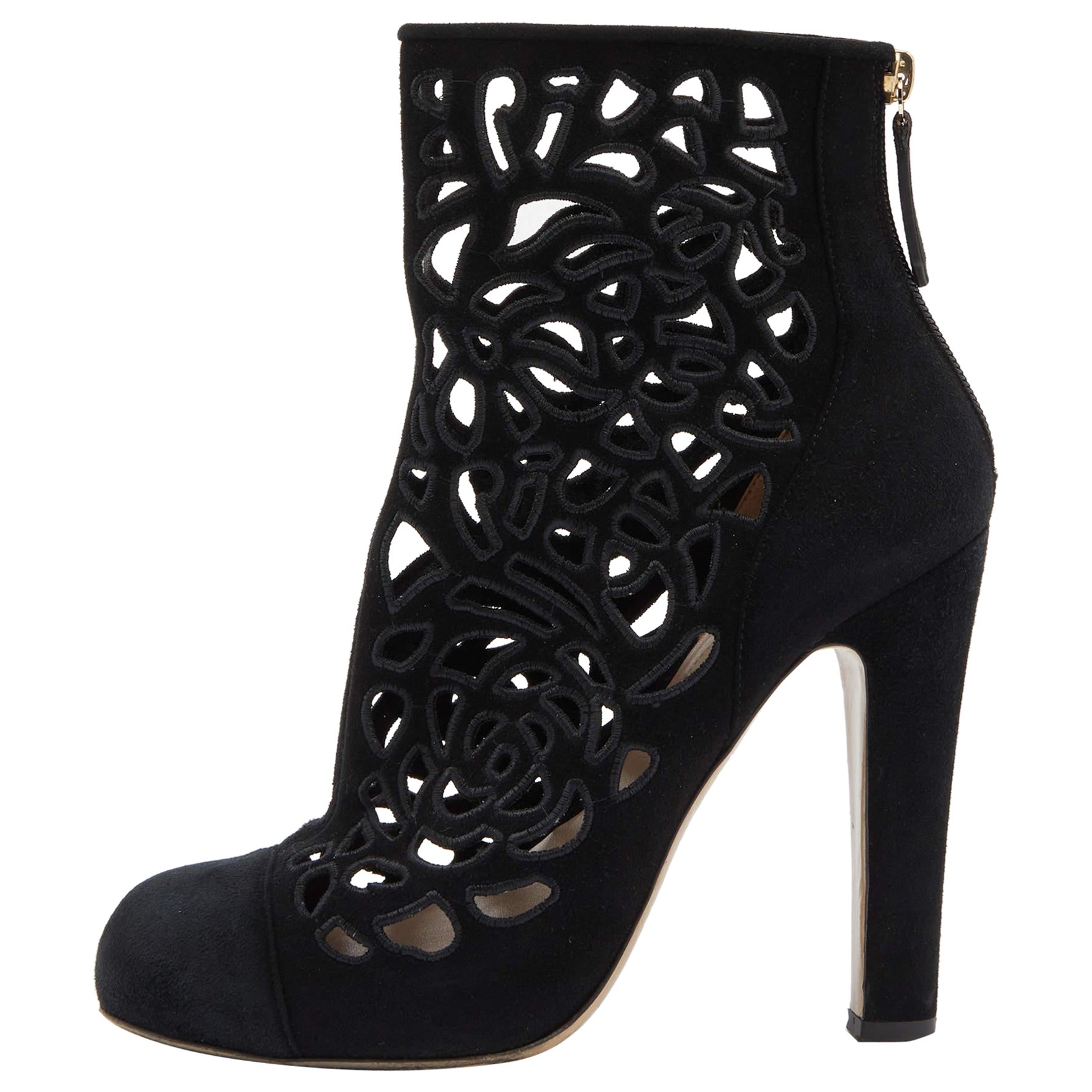 Valentino Black Laser Cut Suede Ankle Length Boots Size 38 For Sale