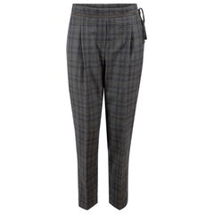 Brunello Cucinelli Grey Wool Monili Detail Tartan Straight Trousers Size M