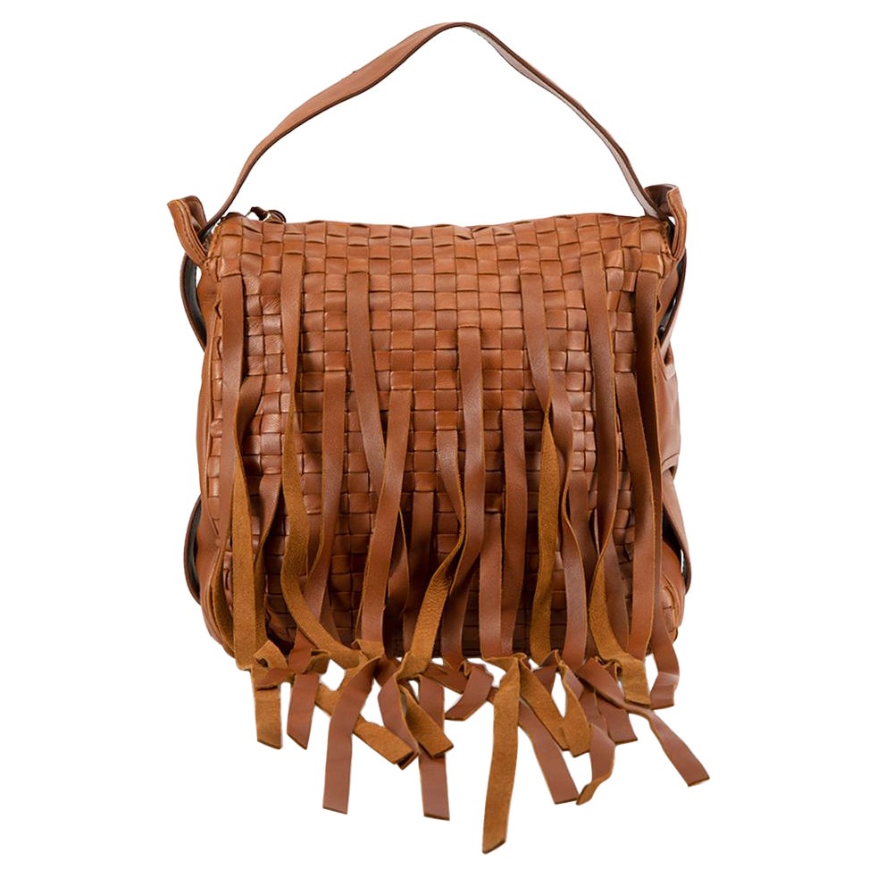 Bottega Veneta Women's Brown Leather Fringe Intrecciato Top Handle Bag