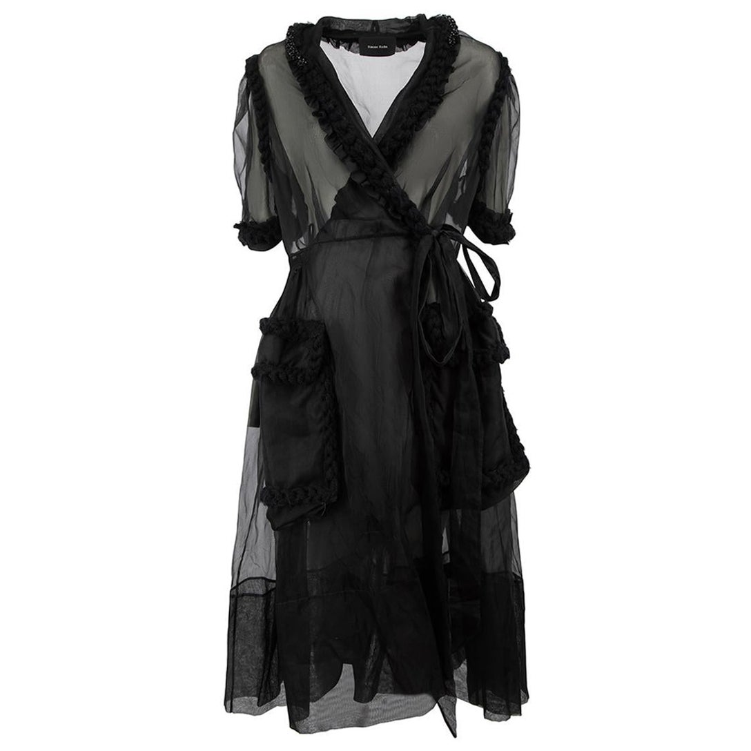 Simone Rocha Black Sheer Embroidered Collar Ruffle Detail Midi Wrap Dress Size L