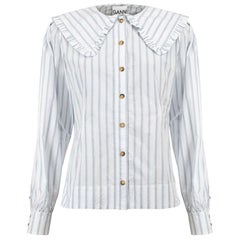 Ganni Blue & White Striped Oversized Collar Blouse Size L