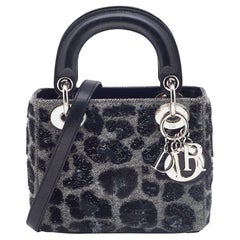 Dior Grey/Black Leopard Sequin, Leather and Wool Mini Lady Dior Tote