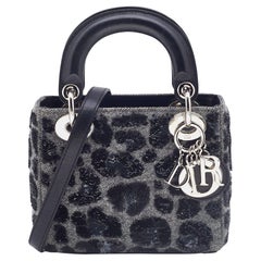 Mini tote Lady Dior grigio/nero con paillettes, pelle e lana