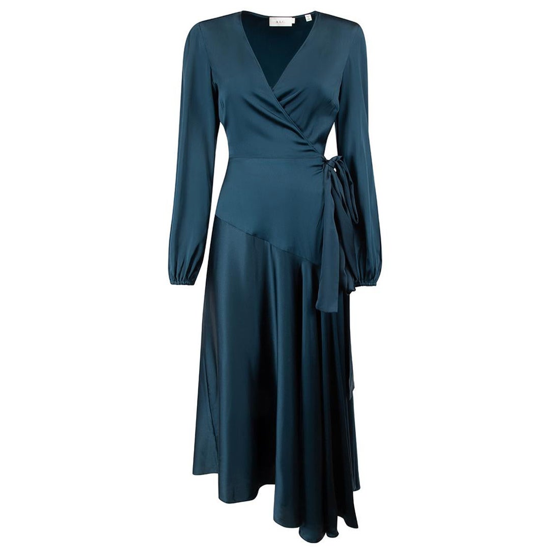 A.L.C Dark Teal Silk Midi Wrap Dress Size M For Sale