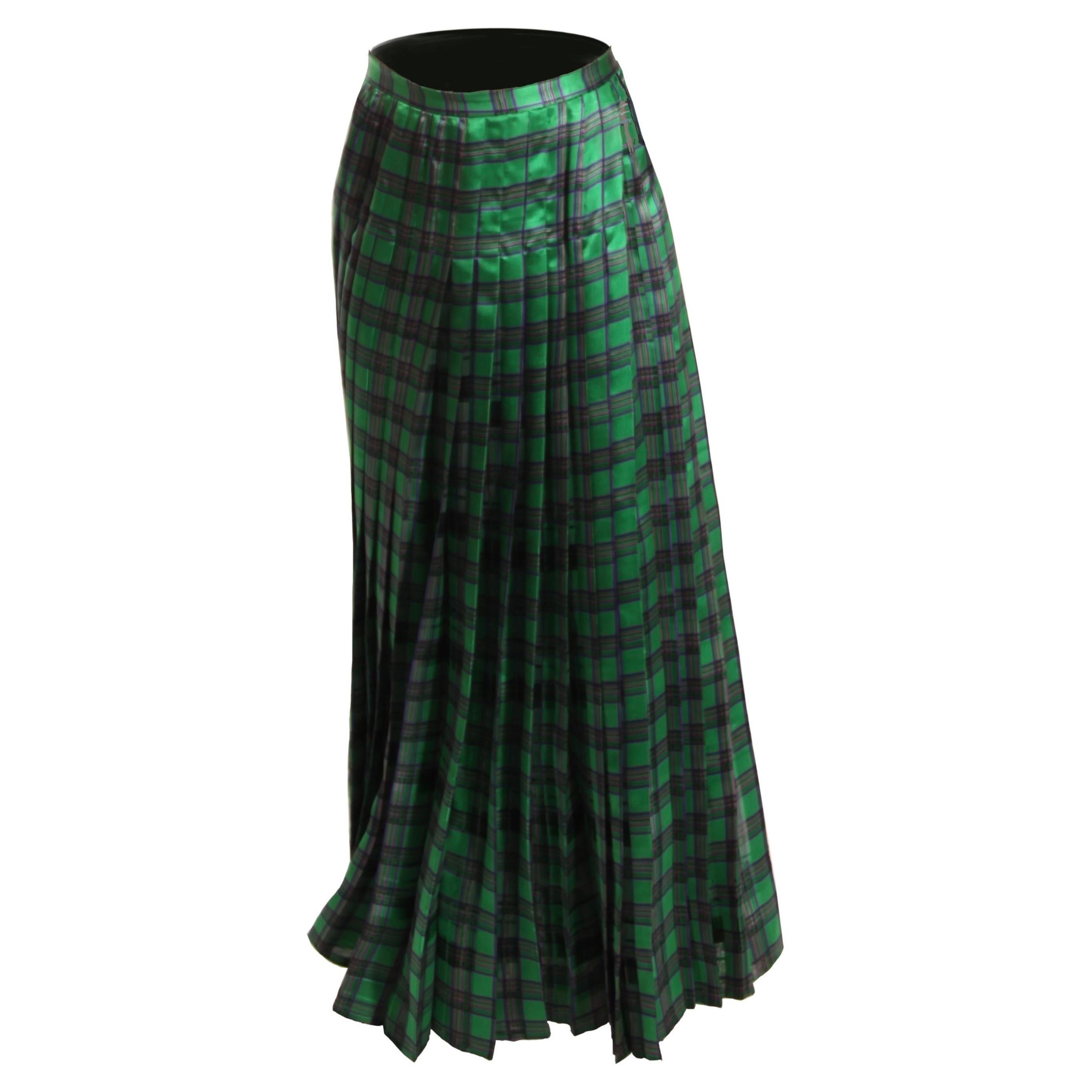 Christian Dior green tartan silk chiffon pleated maxi evening skirt For Sale
