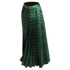 Retro Christian Dior green tartan silk chiffon pleated maxi evening skirt