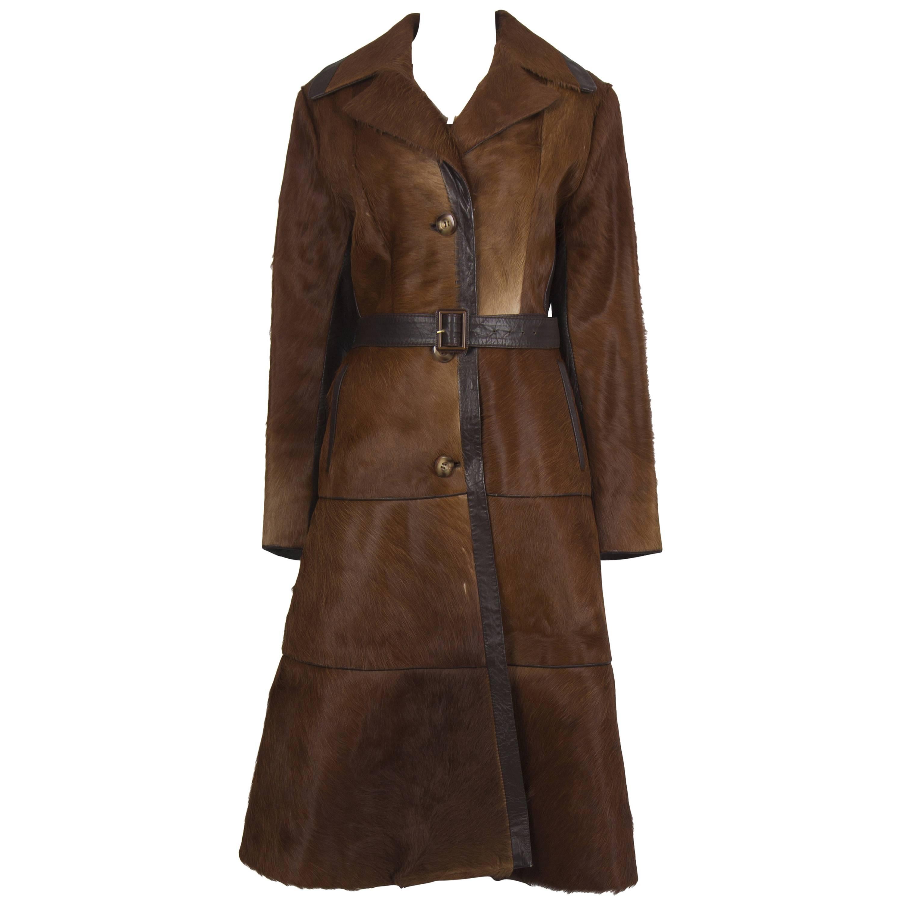 1970'S Brown Pony Skin Overcoat with Leather Belt
