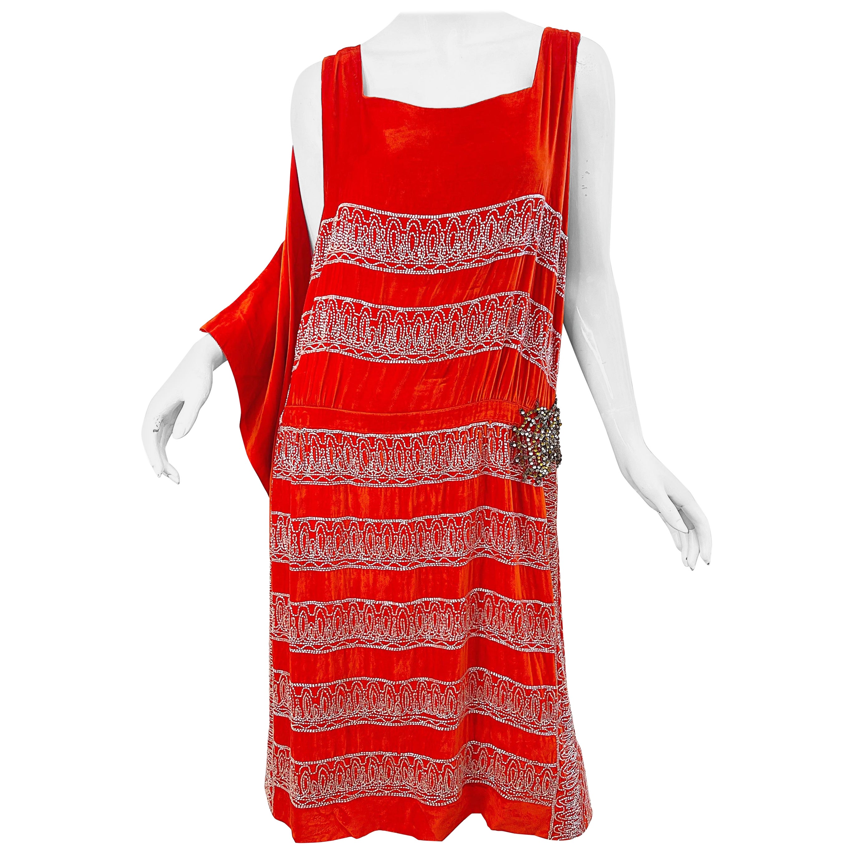 1920s Orange Velvet French Couture Beaded Rhinestone Vintage Deco Flapper Dress For Sale