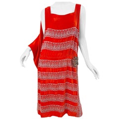 1920s Orange Velvet French Couture Beaded Rhinestone Vintage Deco Flapper Dress