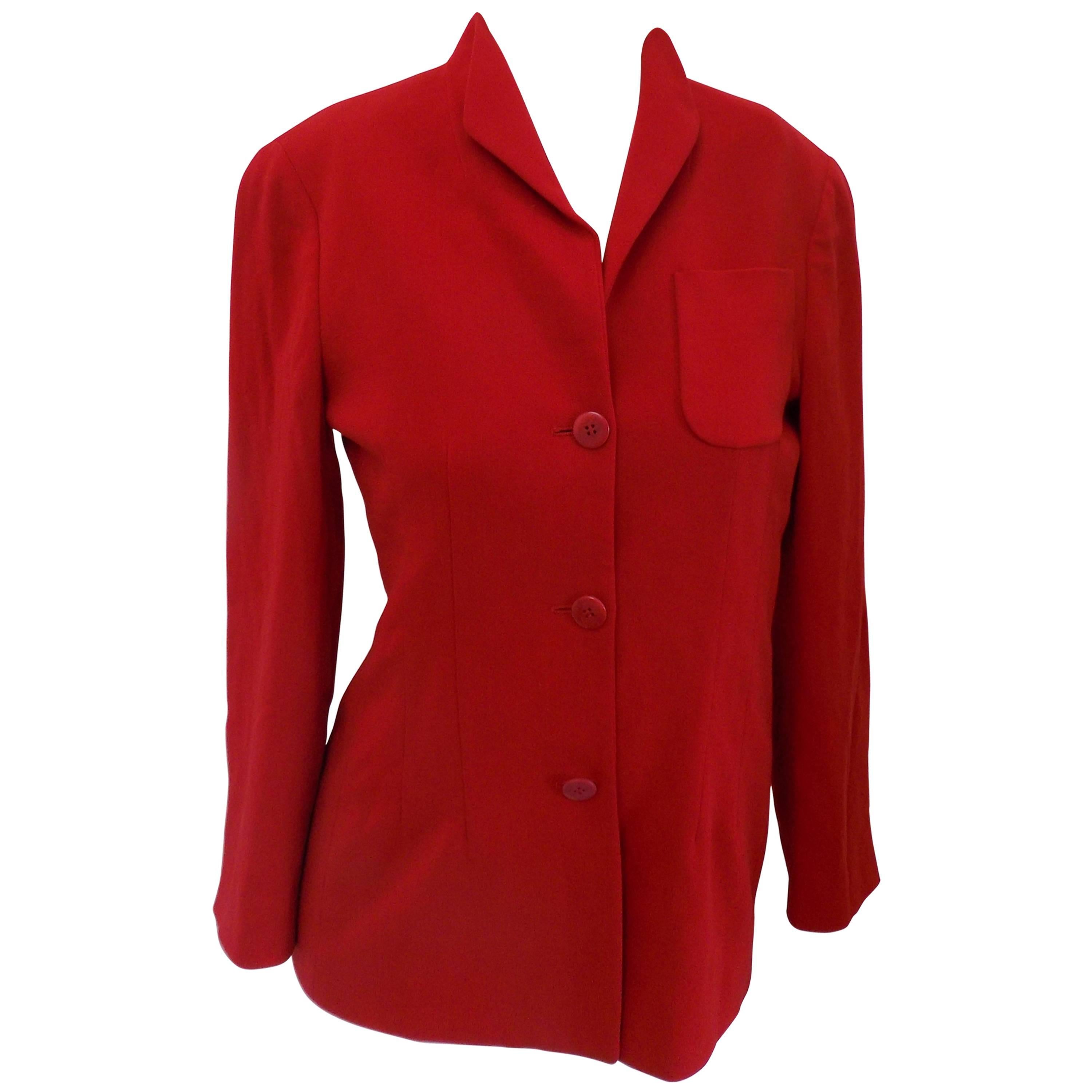 Giorgio Armani Red Silk Single Breasted Jacket with a Chic Lapel Bow at ...