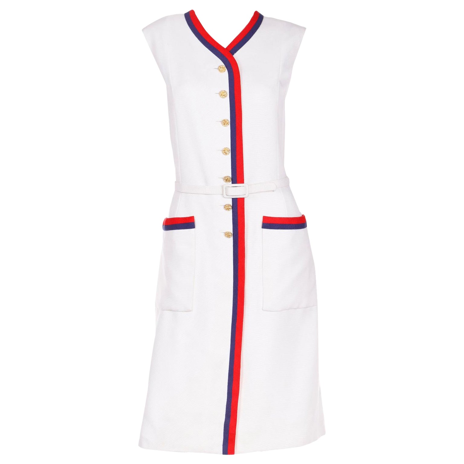 Harvey Berin Karen Stark Vintage 1960s White Dress w Red & Blue Trim and Belt For Sale
