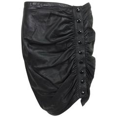 Vintage Alaia snap side shirred black leather skirt 1990s