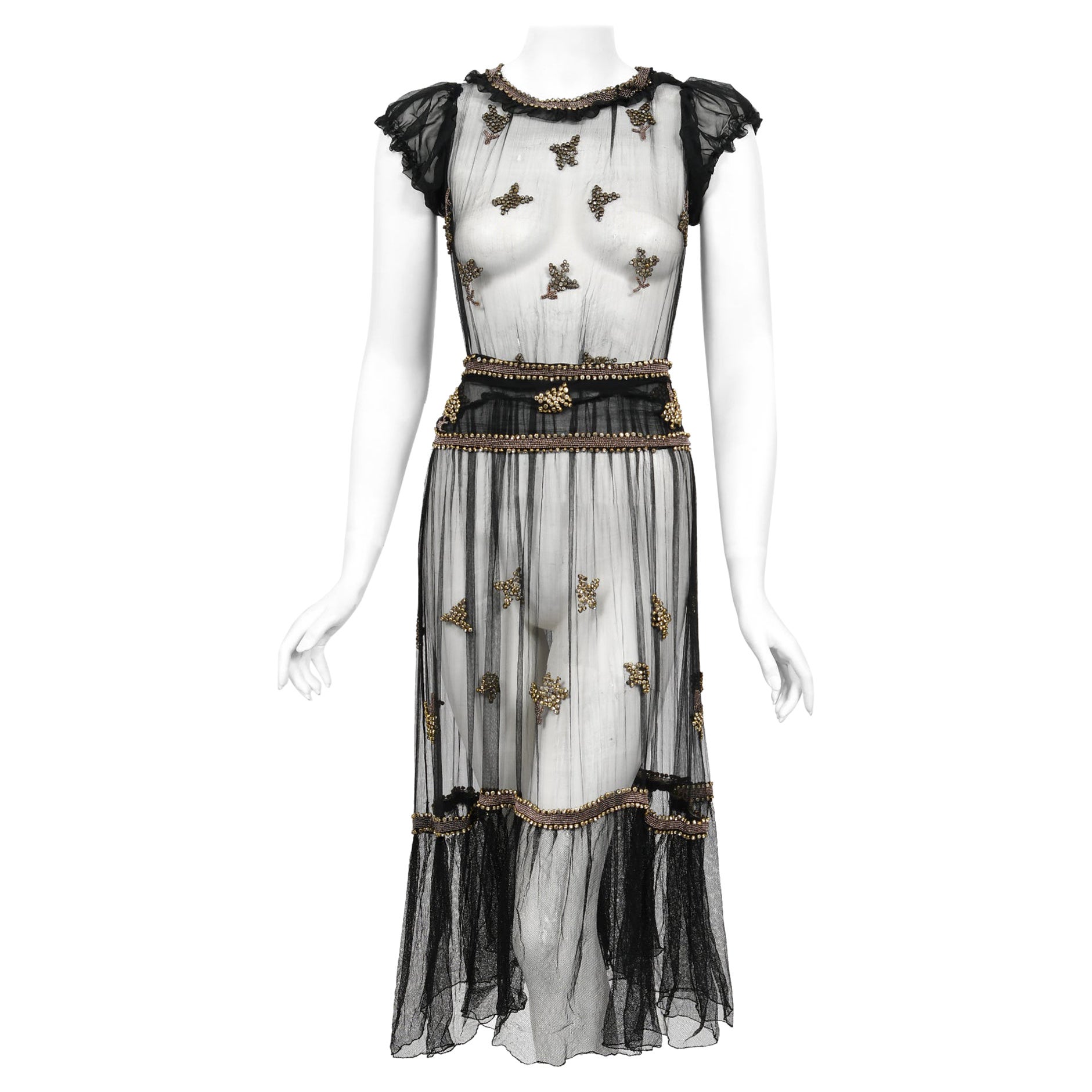 Vintage 1930's Bette Davis Owned Old Hollywood Sheer Beaded Silk Couture Dress For Sale