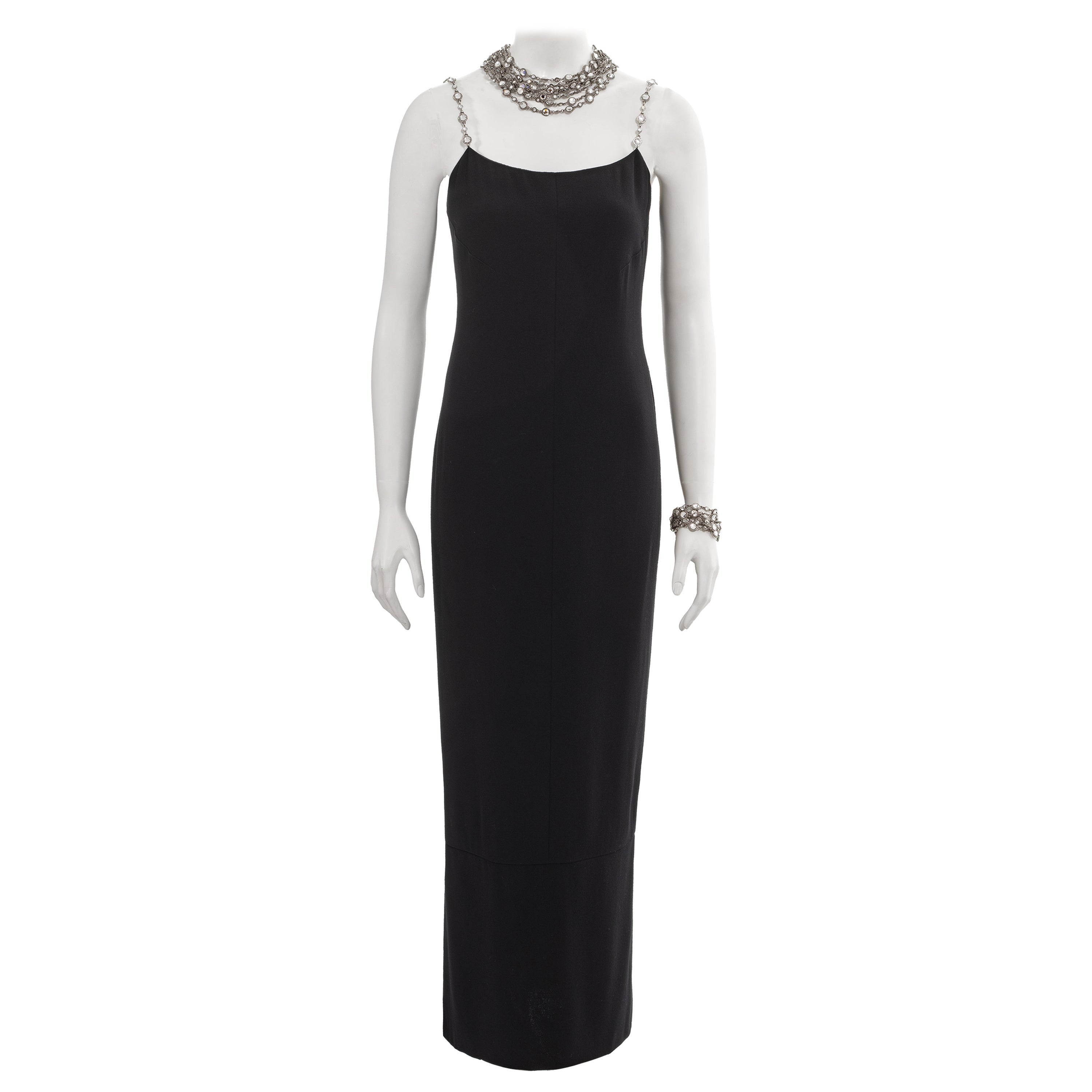 Chanel by Karl Lagerfeld black evening dress with crystal jewellery set, ss 1998 For Sale