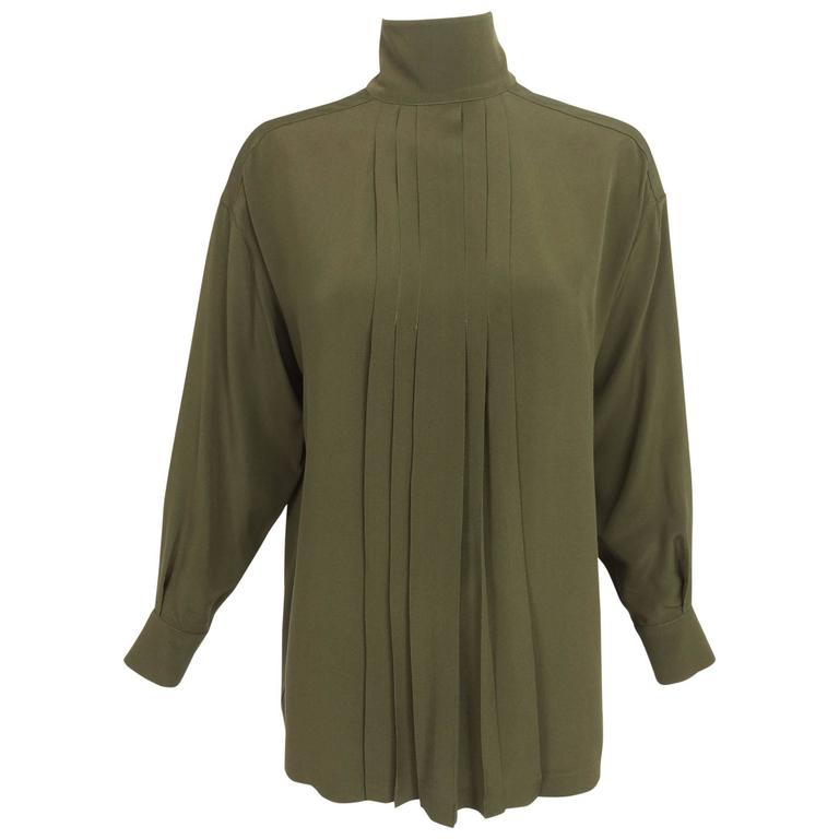Chanel moss green silk crepe button back blouse 38 1990s For Sale at ...