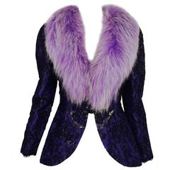 Vintage Adolfo purple metallic lame black lace jacket with fur collar 1980s 10