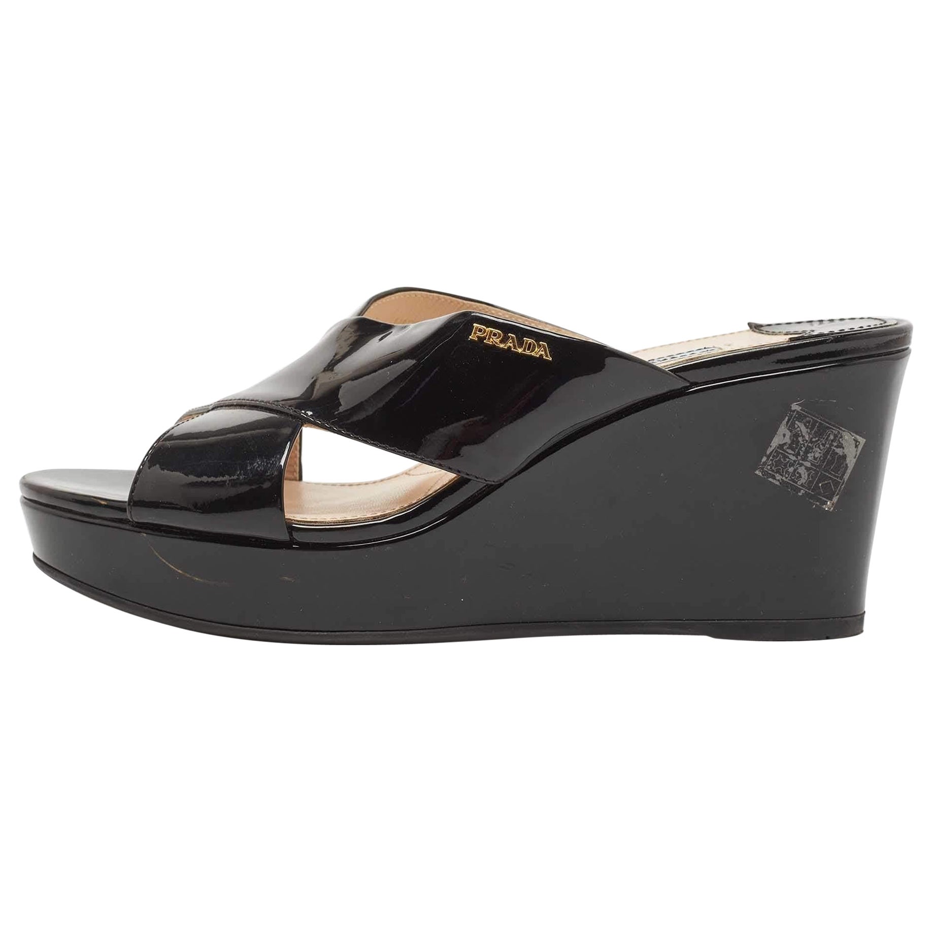 Prada Black Patent Leather Platform Wedge Slide Sandals Size 38 For Sale at  1stDibs