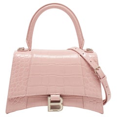 Balenciaga Light Pink Croc Embossed Leather Small Hourglass Top Handle Bag