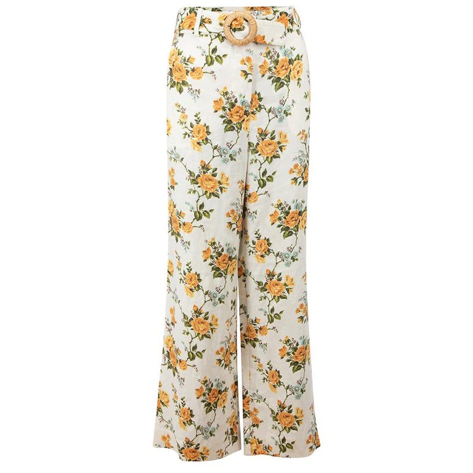 Zimmermann White Linen Floral Print Belted Culottes Size M For Sale