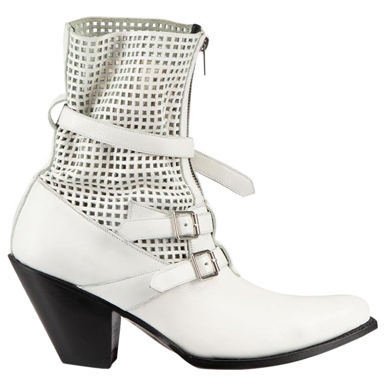 Celine White Leather Berlin Belt Style Strap Cowboy Boots Size IT 40