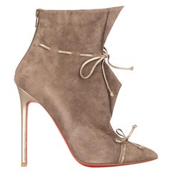 Used Christian Louboutin Taupe Suede Strappy Ankle Boots Size IT 38