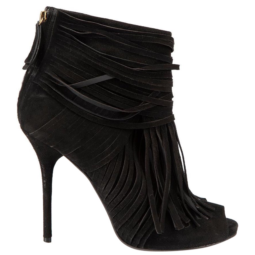 Gucci Black Suede Fringed Peep Toe Boots Size IT 39 For Sale