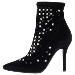 Used Giuseppe Zanotti Black Velvet Crystal Embellished Ankle Booties Size 38
