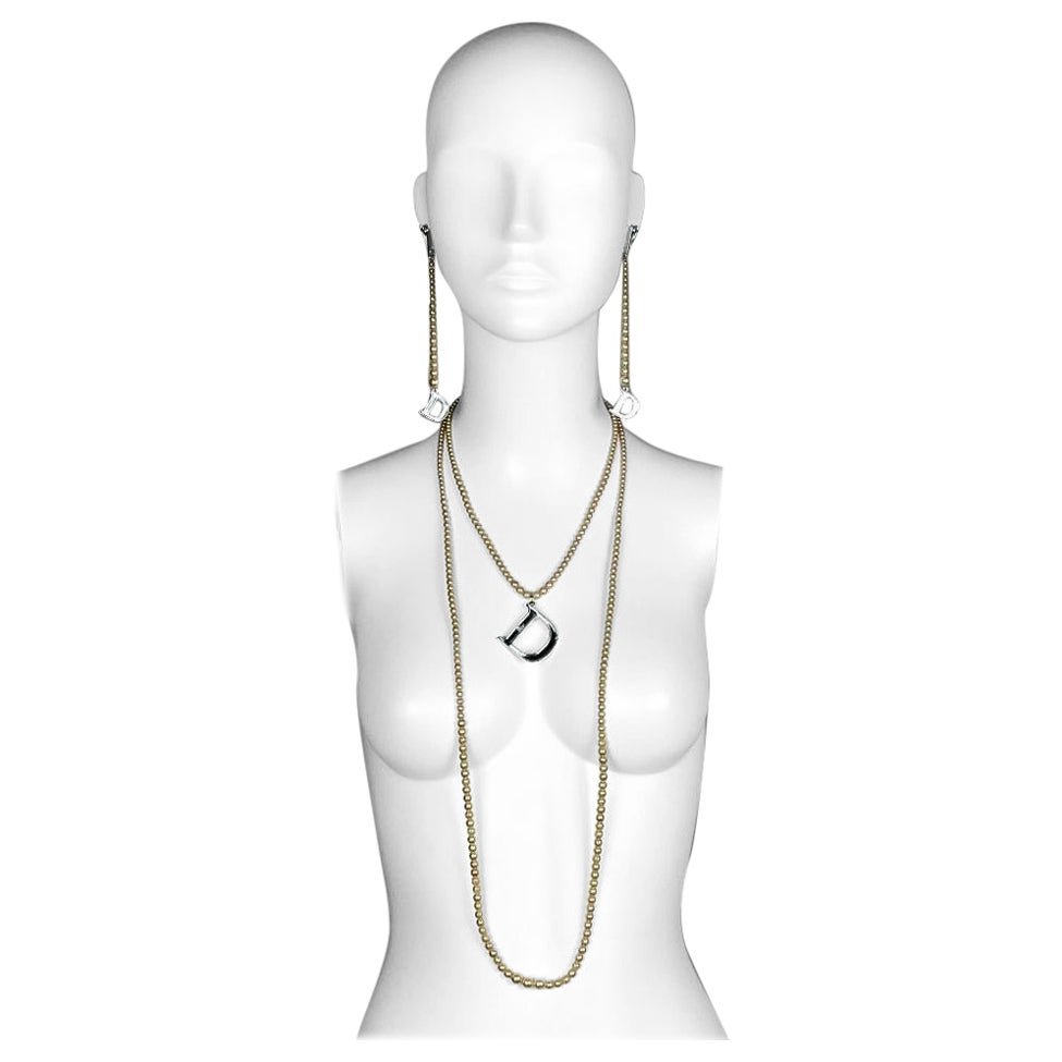 S/S 2004 Christian Dior John Galliano Long Faux Pearl Logo Earrings & Necklace