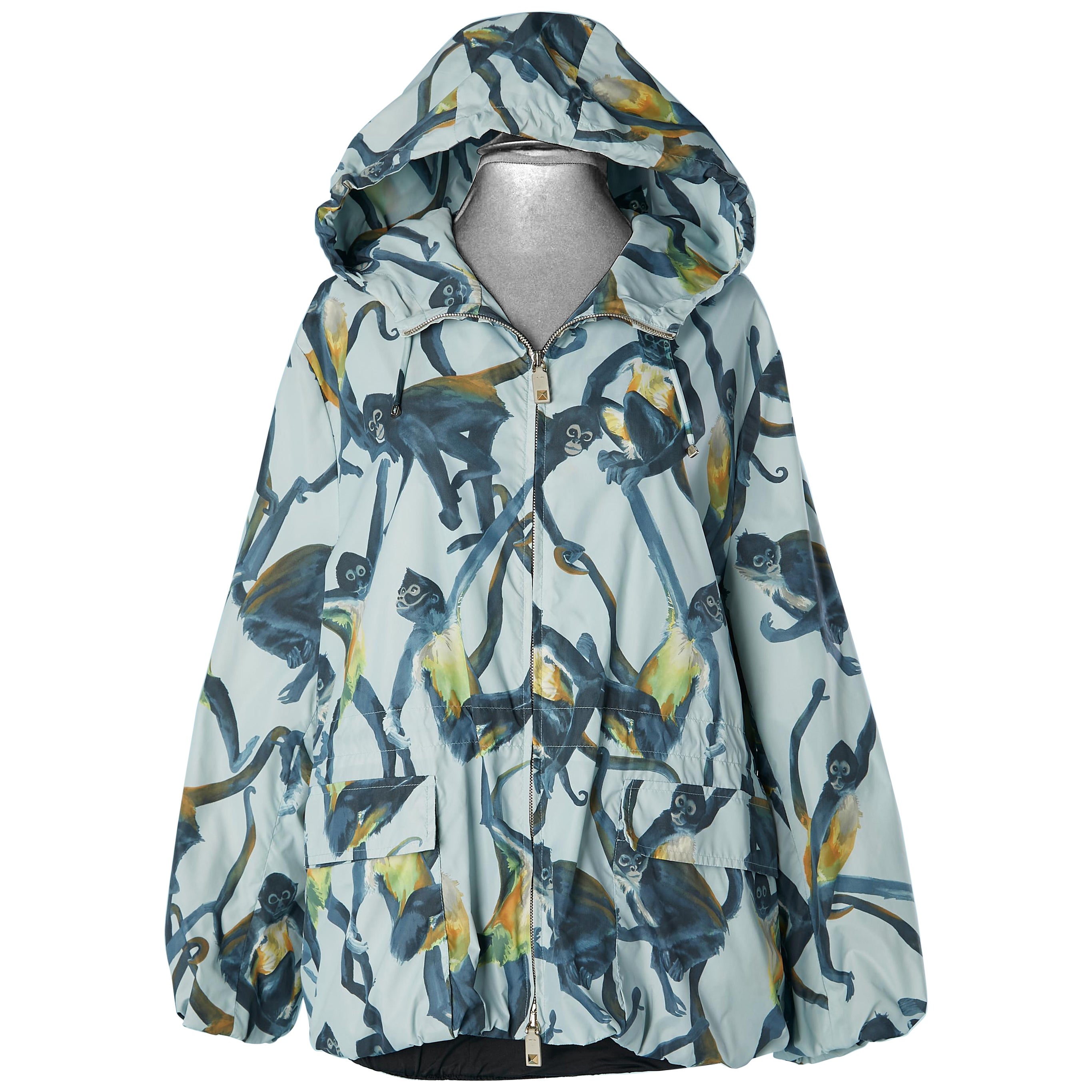 Nylon wind-breaker with hood and "monkeys" print Valentino Sub-Zero Couture  For Sale