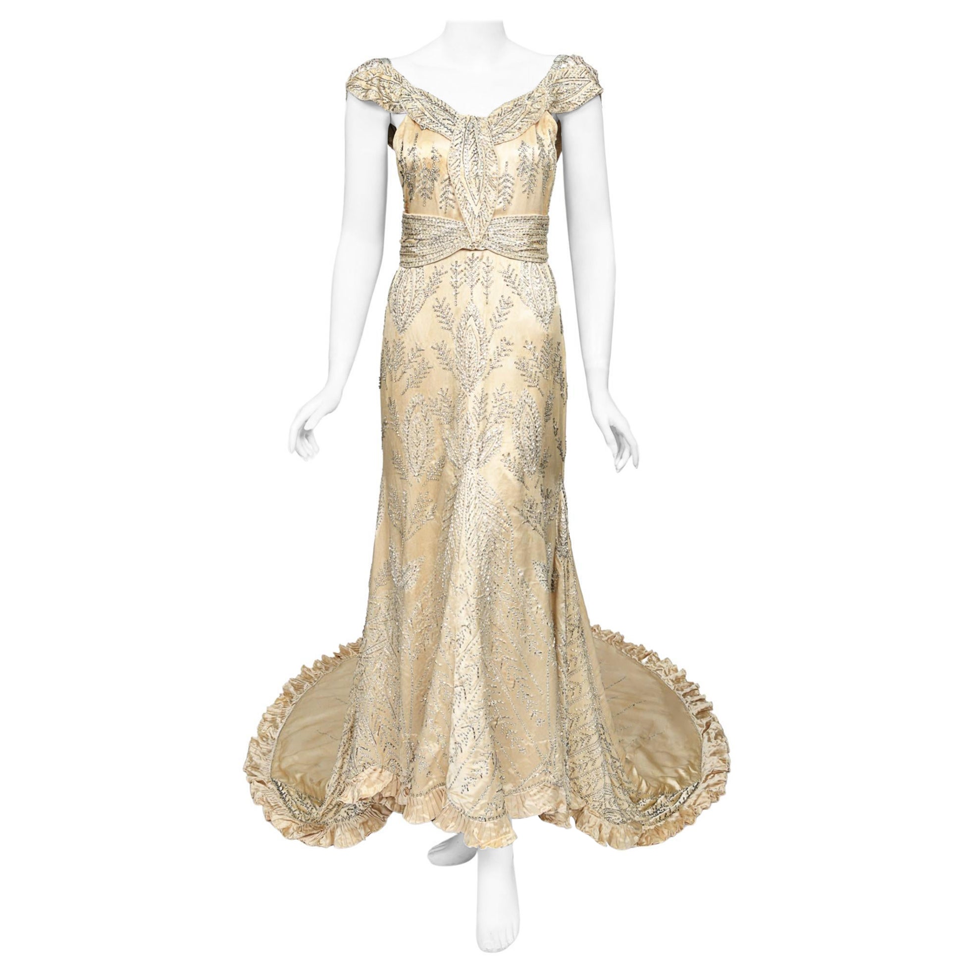 Vintage 1930's Strass Perlen Kerze Licht Seide geschleppt alten Hollywood-Kleid im Angebot