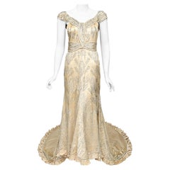 1930s Rhinestone Beaded Candlelight Silk Trained Old Hollywood Deco Couture Gown