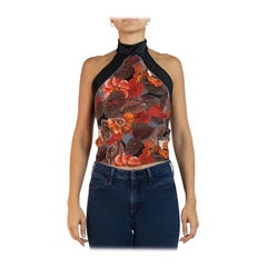 Morphew Collection Black & Orange Silk Halter Tie Scarf Top