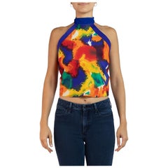 Morphew Collection Blue, Red & Yellow Silk Halter Tie Scarf Top