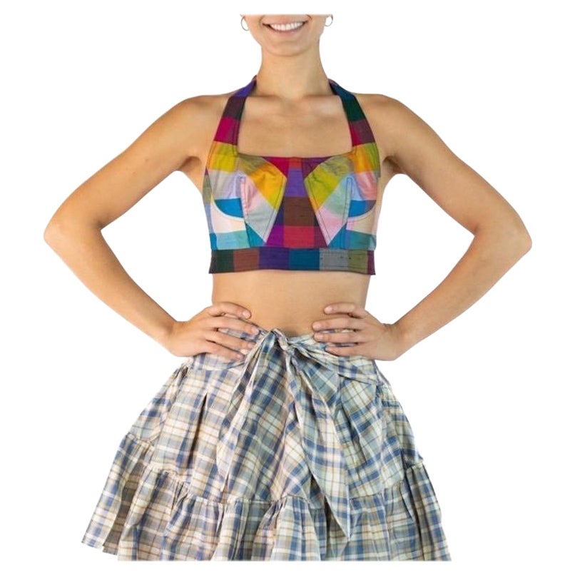 Morphew Collection Blue, Red & Yellow Silk Taffeta Plaid The Joanne Bustier Top For Sale