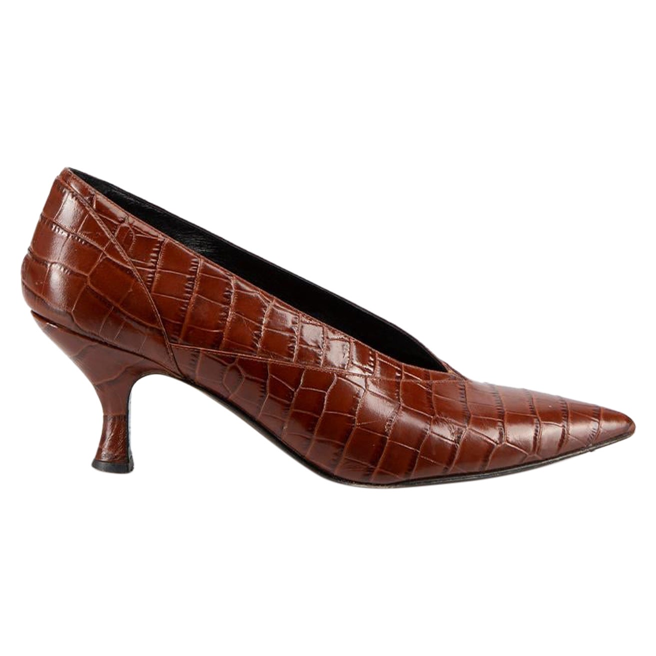 Erdem Brown Leather Croc Embossed Heels Size IT 37.5 For Sale