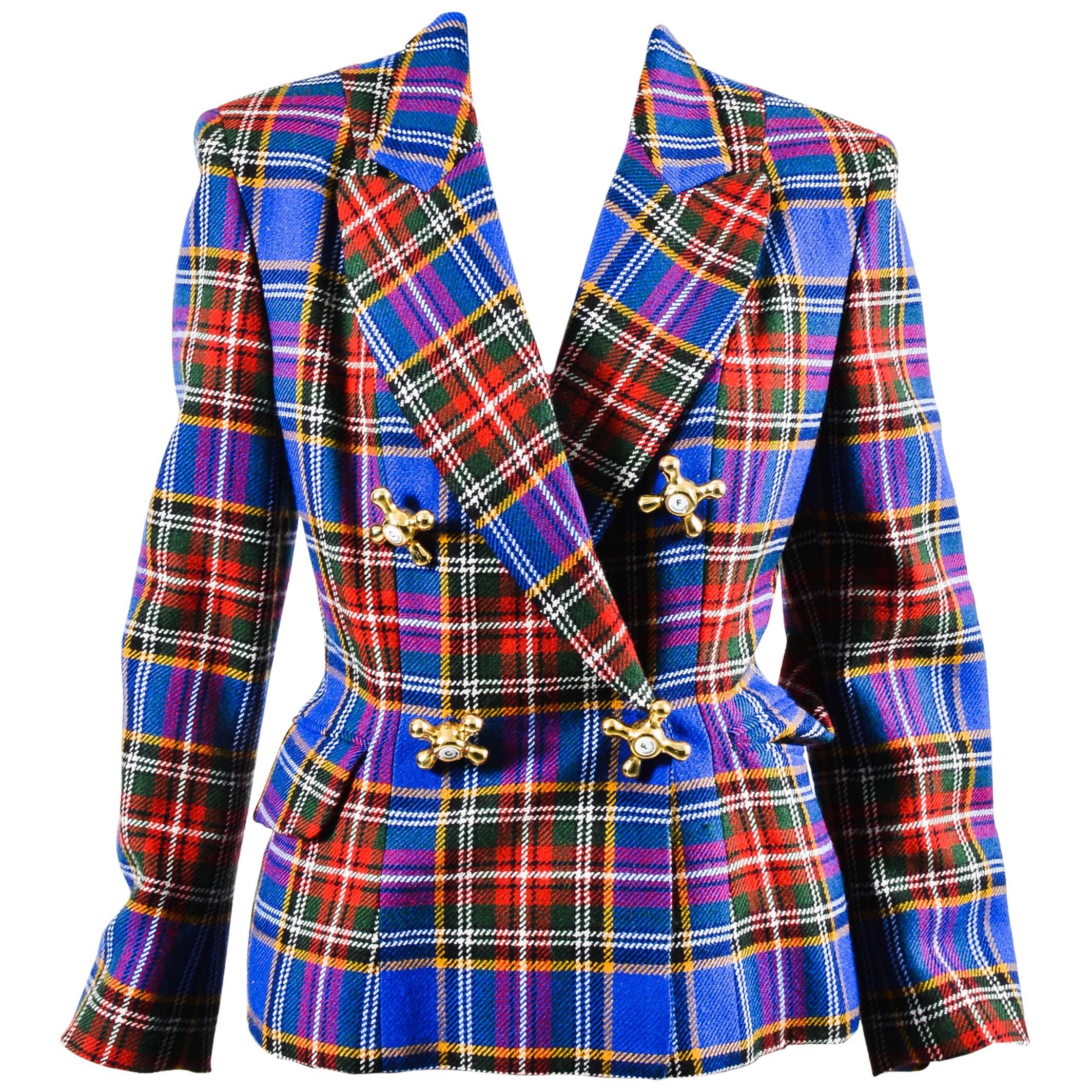 Vintage Moschino Cheap and Chic Blue Wool Plaid Knob Blazer Jacket Size 6 For Sale
