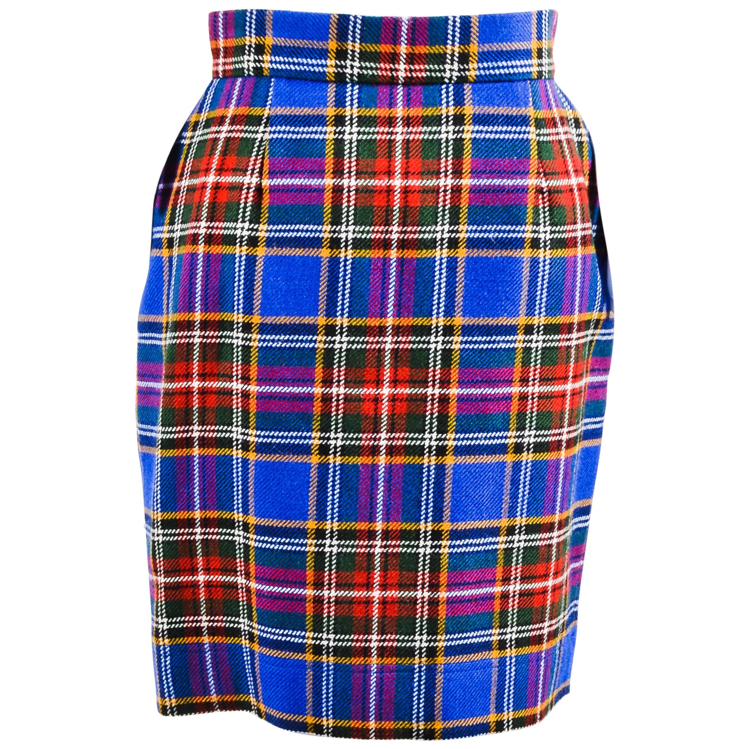 Vintage Moschino Cheap and Chic Blue Multicolor Wool Plaid Pencil Skirt Size 6 For Sale