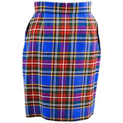 Vintage Moschino Cheap and Chic Blue Multicolor Wool Plaid Pencil Skirt Size 6
