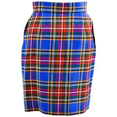 Vintage Moschino Cheap and Chic Blue Multicolor Wool Plaid Pencil Skirt Size 6 7