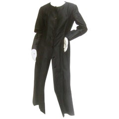 Saint Laurent Rive Gauche Dramatic Black Polished Cotton Maxi Coat c 1970s 
